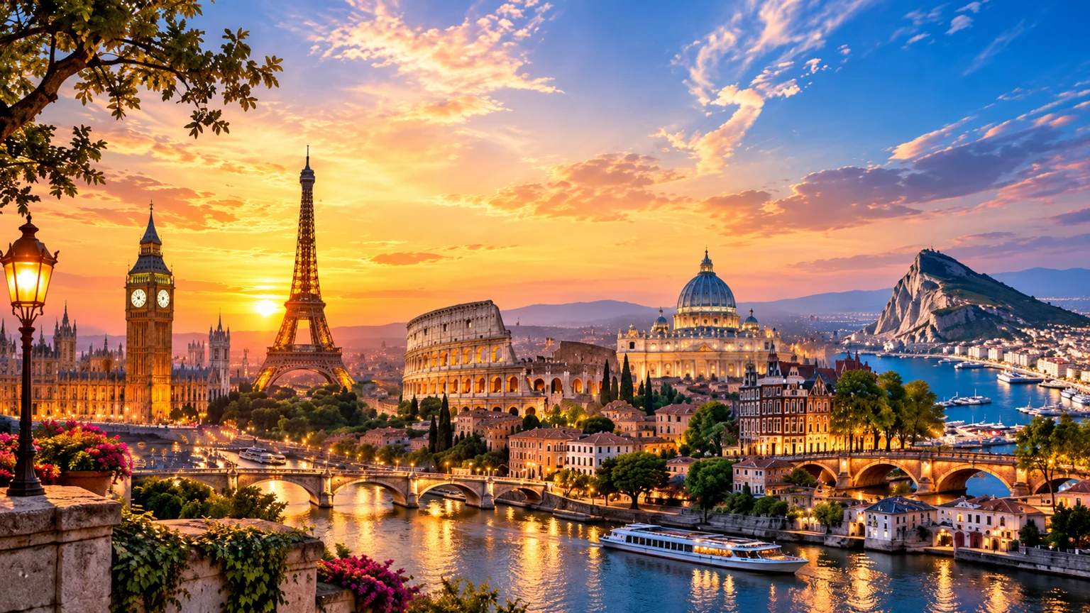 A panoramic European cityscape bringing together landmarks from London, Paris, Rome, Amsterdam and Gibraltar.